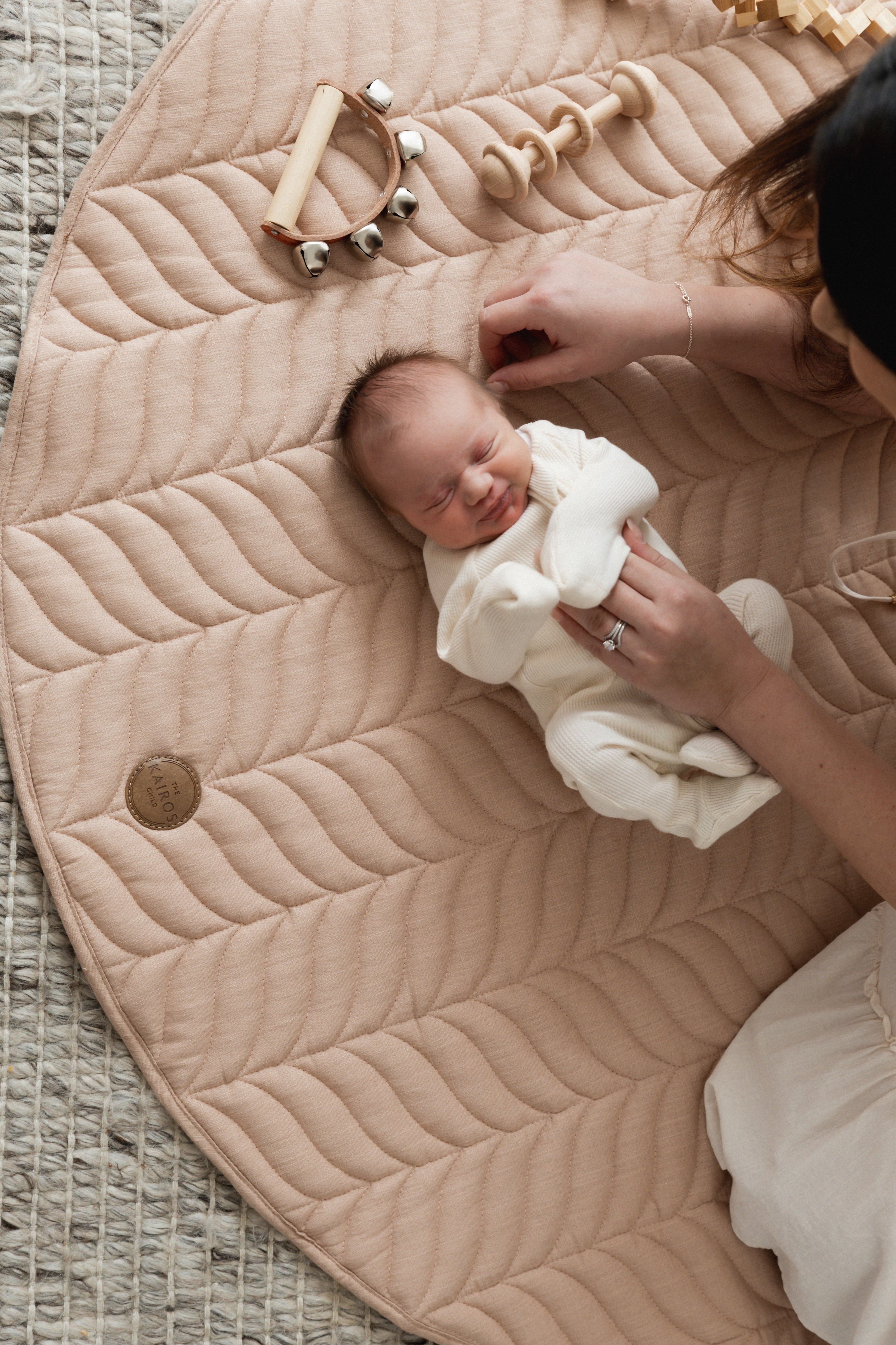 Pampas French Linen Play Mat, wavy herringbone playmat, non-toxic fabrics, machine washable quilted play mat